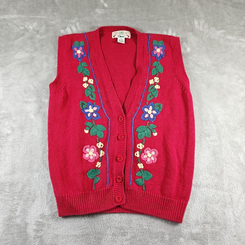 Vintage Orvis Sweater Vest Womens Medium Floral Embroidered Cottage Grandma 80s